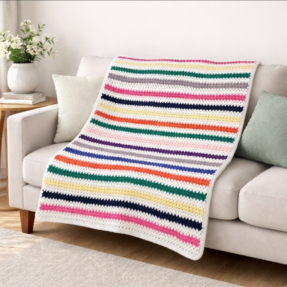 Handmade Colorful White Striped Crocheted V Stitch Lap Blanket Throw Afghan New